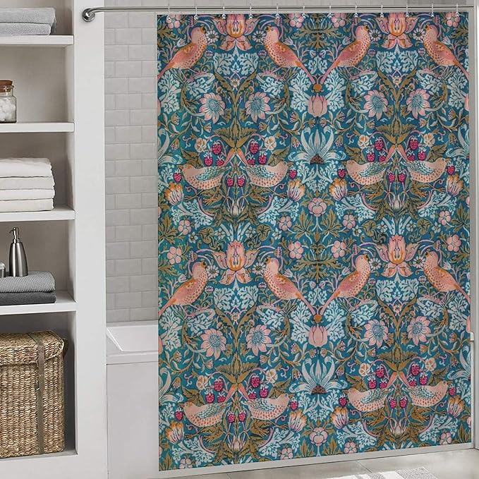 William Morris Shower Curtain,Original Design Vintage Flower Birds Strawberry Thief Pattern Print Shower Curtains Sets Polyester Waterproof Fabric Decor Bathroom Curtain 66"×72" Inch With 12 Hooks