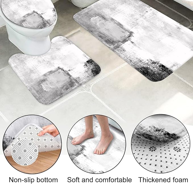 Lnond 4Pcs Bathroom Shower Curtain Sets with Rugs,White Black Painting Art Bathroom Sets with Shower Curtain and Rugs and Accessories