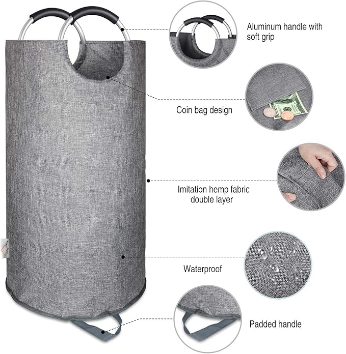 Heavy Duty Large Laundry Hamper Bag Collapsible, Tall Laundry Basket with Sturdy Handles, Fabric Dirty Clothes Bin for Laundry, College Dorm, Boys, Man, Durable Two-Layer - Grey