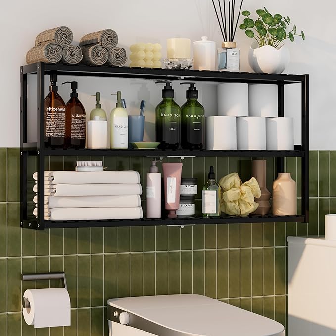 Extra Long Bathroom Organizer Storage Shelves 100% Bamboo Adjustable Height Over The Toilet Storage Floating Shelf for Wall Shower Shelf Can Placed in The Bathroom Kitchen Living Room for Multi Usage