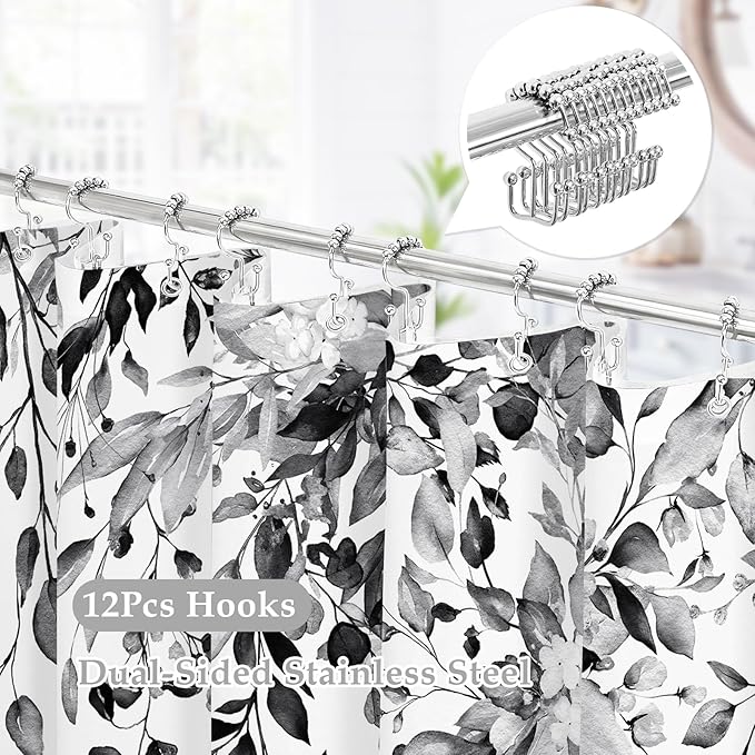 Gibelle 3 in 1 Shower Curtain Set, 72x72 Black Eucalyptus Bath Curtain and PEVA Liner Set with 12 Metal Hooks, Waterproof Fabric Bathroom Curtain