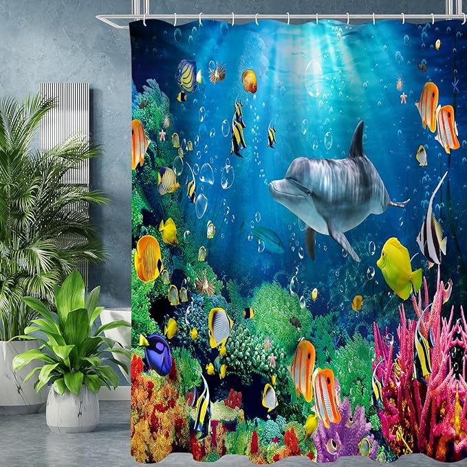 4Pcs Deep Blue Fish Shower Curtain Sets with Rugs, Dolphin Coral Ocean Theme Bathroom Decor Sets Complete, Home and Hotel Bathroom Accessories, juego de baño, 12 PCS Hooks, 71 x 71 in