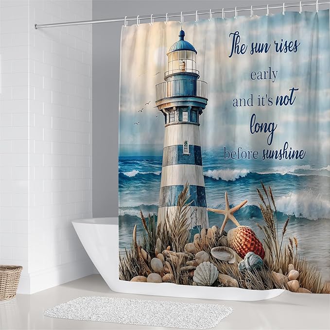 Chrainy 4Pcs Nautical Lighthouse Shower Curtain Sets Sea Seashell Bathroom Set Decor with Non-Slip Rugs Bath U-Shaped Mat Toilet Lid Cover Starfish Lighthouse Bathroom Curtain Shower Set with 12 Hooks