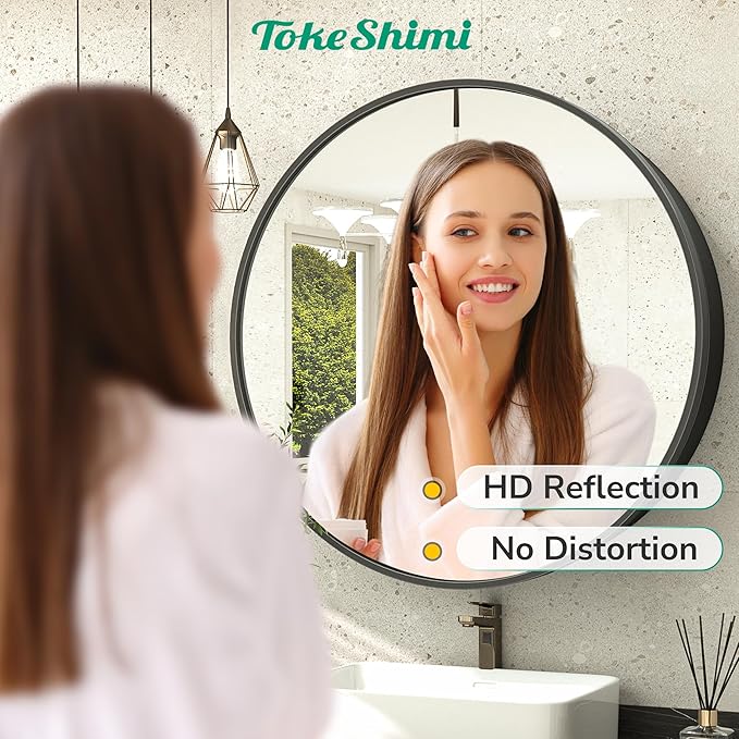 TokeShimi 26x26 Round Medicine Cabinet for Bathroom,Black Circle Bathroom Medicine Cabinet with Mirror,Surface Mount Only Detachable Shelves Circular Vanity Shatterproof Mirror with Storage