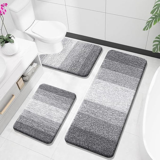 OLANLY Bathroom Rugs Sets 3 Piece, Soft Absorbent Microfiber Bath Mats and U-Shaped Contour Toilet Rug, Plush Shaggy Bath Mat Set for Bathroom (47"x20"+24"x16"+24"x20", Grey)