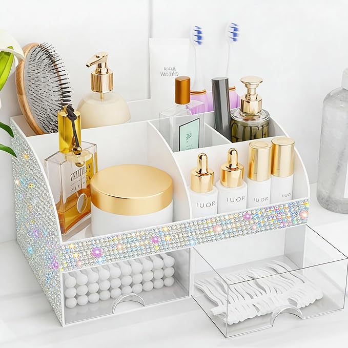 Makeup Organizer, Bathroom Organizer (Bling White)