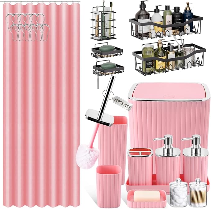 XLHOMO 28PC Bathroom Set - Gorgeous Pink Bathroom Set, Bathroom Accessory Set, Pink Shower Curtain Set with 5PC Shower Caddies