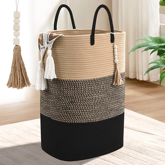 Woven Laundry Basket for Clothes, 65L Large Rectangle Laundry Hampers with Beads Tassel, Nursery Storage Basket for Toys, Tall Dirty Clothes Hamper for Bedroom Aesthetic, Laundry Room Organization