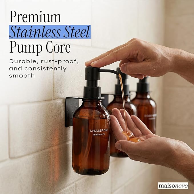 Shampoo and Conditioner Dispenser Wall Mounted Set of 3 Amber Black - No Drill Shower Soap Dispenser for Bathroom Refillable - Spa Hotel Style Accessories by MaisoNovo