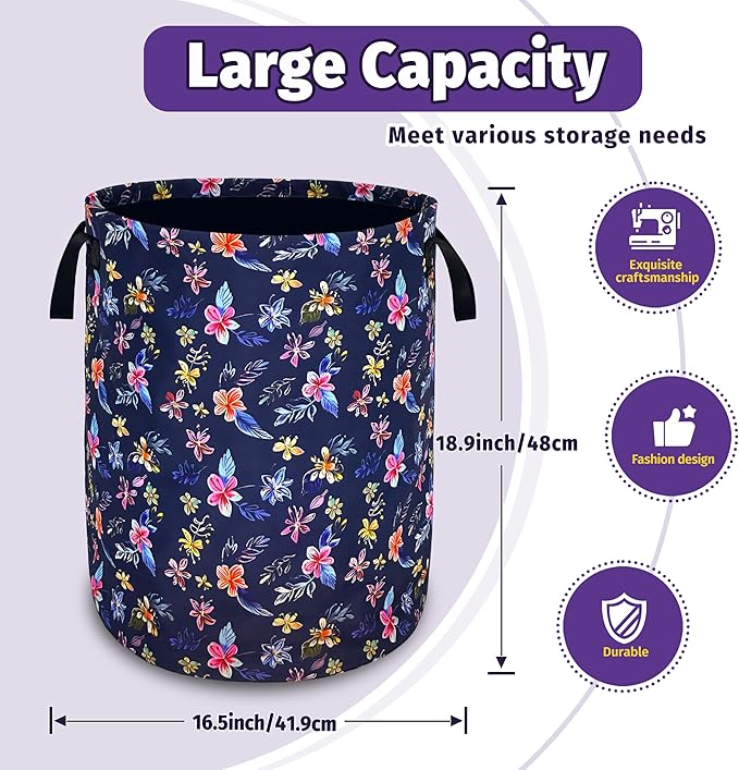 Flowers Laundry Basket Foldable Oxford Cloth With Handle Portable Colorful Storage Basket Organizer Suitable For Laundry Room/Bedroom/Living Room/Children'S Room (18.9 X 16.5 Inch)