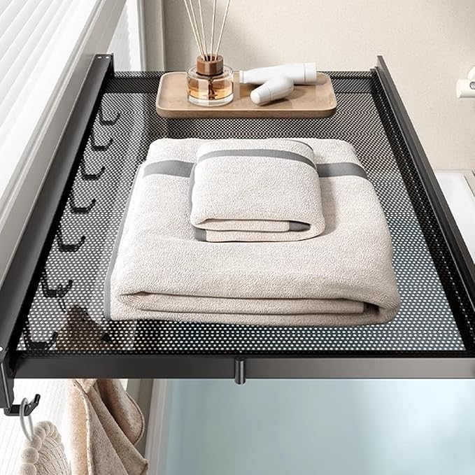 Foldable Bathroom Shelf with Adjustable Length for Clothes and Towels Storage Aluminum Alloy Frame Rack