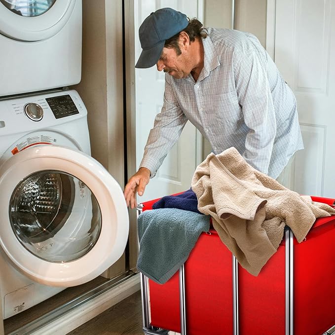 Commercial Laundry Cart with Wheels, 400L Large Rolling Laundry Cart with Steel Frame and Oxford Cloth, Heavy Duty Industrial Laundry Cart for Home,Hotel,Laundry Room, 441 lbs Load (Red-8)