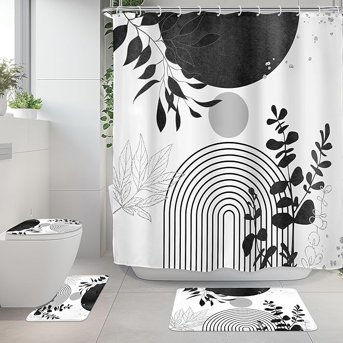 Riyidecor Mid Century 4Pcs Bathroom Shower Curtain Sets Abstract Aesthetic Geometric Minimalist Bathroom Decor Set with Rugs and Accessories Modern Toilet Lid Rug, Contour and Bath Mat with 12 Hooks