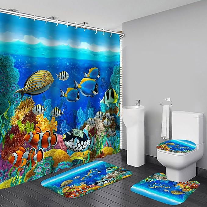 4Pcs Colorful Tropical Fish Bathroom Sets with Shower Curtain and Rugs, Cartoon Ocean Theme Full Bathroom Set, Light Blue Soft Fabric Shower Curtain Set with 12 Pcs Hooks, Set de baño
