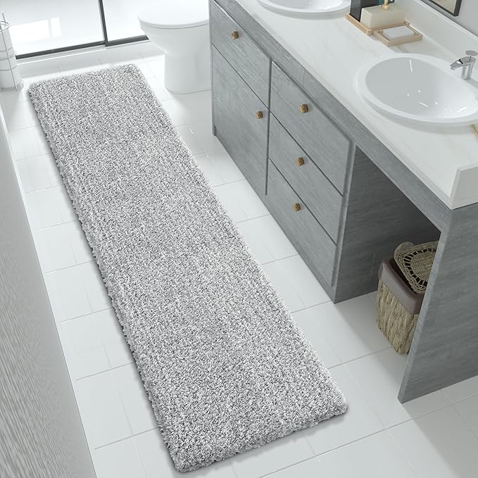 Yimobra Bathroom Runner Rug Non Slip 70"x 24", Super Absorbent Bath Rugs, Quick Dry, Luxury Extra Long Shaggy Fluffy Bath Mat for Double Vanity & Tub Side, Machine Washable, Light Gray and White