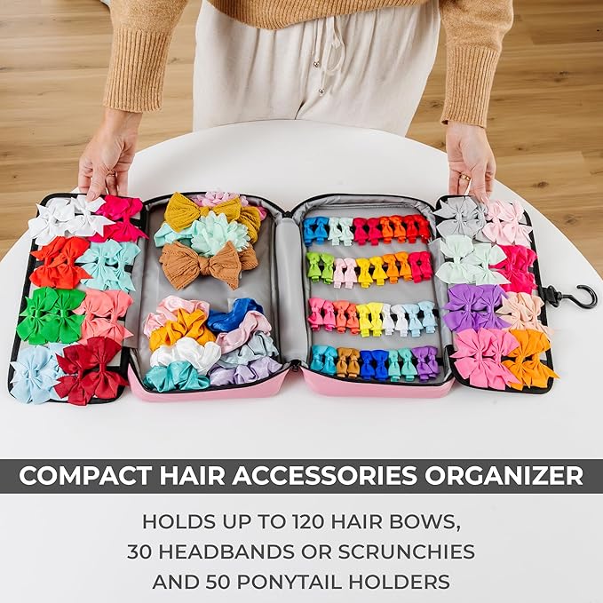 2 in 1 Newly Designed Headband & Hair Bow Organizer for Girls Display Bag - Large Capacity Girls Hair Accessories Organizer, Holds Hair Clips, and Hair tie with a Rotating Hook, Travel-Friendly.