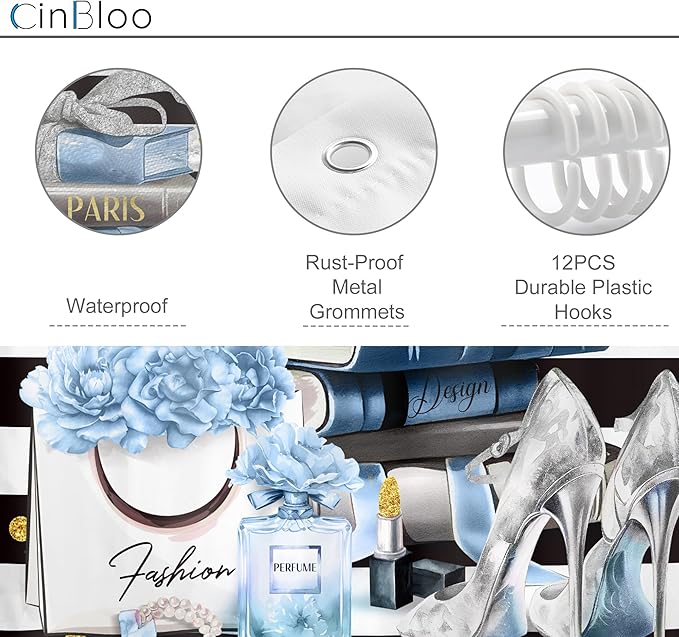 Cinbloo 4Pcs Black and Blue Shower Curtain Set,High Heels Striped Perfume Bathroom Curtain with Rug, Toilet Lid Cover, Bath Mat, Fashion Floral Flower Magazine Books Shower Curtain with 12 Hooks