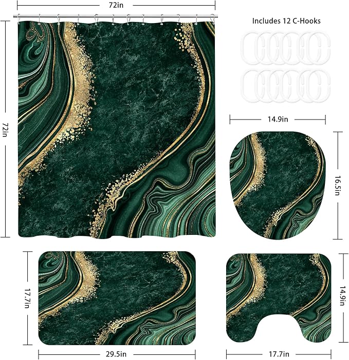 4PCS Emerald Green Gold Marble Shower Curtain Sets with Rugs, Abstract Bathroom Sets with Shower Curtain and Rugs, Bathroom Curtains Shower Set with Toilet Lid Cover for Bathroom Decor
