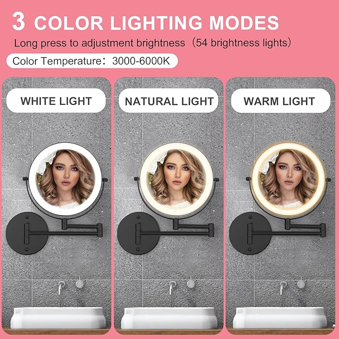 Wall Mounted Lighted Vanity Mirror, 8" Double Sided 1X/10X Magnifying Shaving Mirror with 3 Color Lighting, Rechargeable 2000mAh Battery, Extendable Arm for Makeup, Grooming, Bathroom, Black