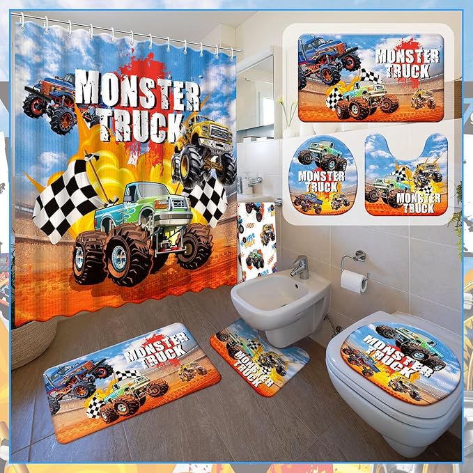 Nuanchu 6 Pcs Shower Curtain Set with Rug Monster Truck Bathroom Sets with Shower Curtain Bath Mat U Shaped Mat Toilet Lid Cover 2 Bath Towels and 12 Hooks Monster Truck Bathroom Decor