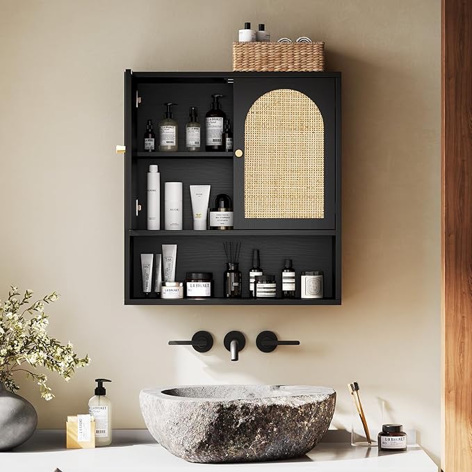 VINGLI Black Rattan Medicine Cabinet Wall Mounted, Arched Modern Farmhouse Storage Over Toilet with Adjustable Shelf & Soft-Close Doors, Moisture-Resistant Cane Webbing Organizer