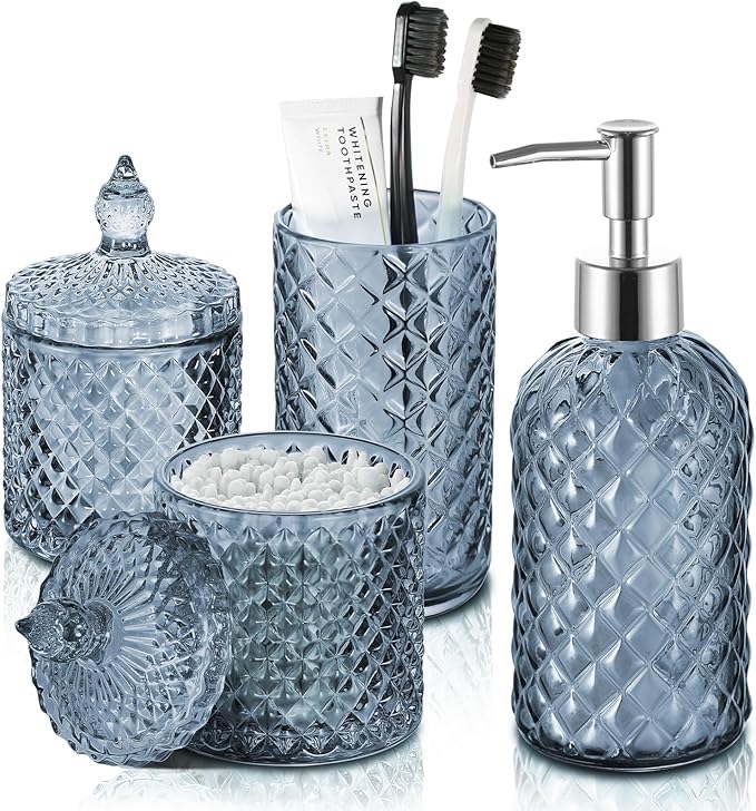 RYTOXILO Blue Bathroom Accessories Set, 4 Pack Light Blue Bathroom Decor Accessory Sets Complete, Diamond Glass Soap Dispenser and Toothbrush Holder Set for Bath Counter Organizer Essentials