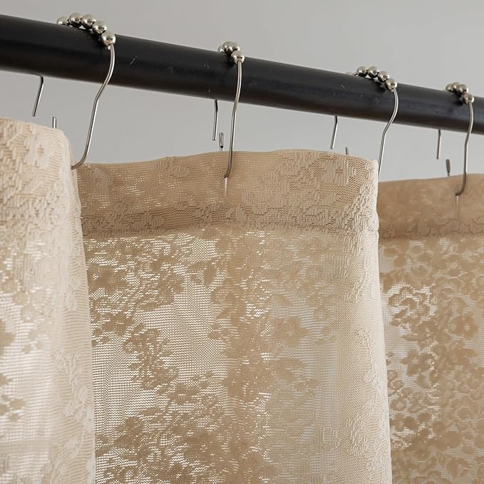 YJ YANJUN Beige Lace Shower Curtain with Attached Valance Vintage Floral Cottage Core Shower Curtain for Bathroom Antique Boho Shabby Chic Scallop Edge Bathroom Curtains 1 Panel, 72 x 72 Inch