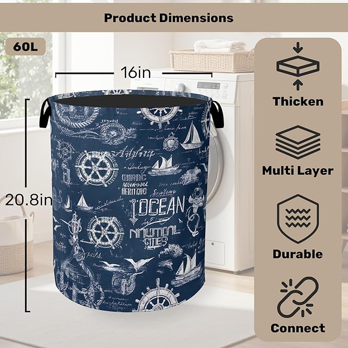 Navy Blue Foldable Laundry Hamper - Waterproof Fabric Storage Basket with Handles, Clothes Hampers for Laundry,Bedroom,Dorm
