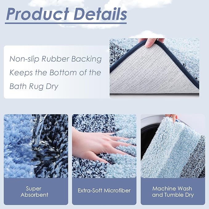 Britimes Navy Blue Stripes Bathroom Sets with Shower Curtain and Rugs, Ombre Modern Abstract Waterproof Shower Curtain Liner and Soft Non Slip Bath Mat for Bathroom Decor and Accessories Hooks