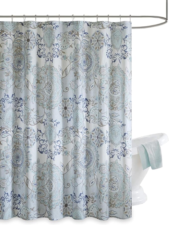Madison Park Isla 100% Cotton Percale Shower Curtain, Floral Medallion Boho Printed Watercolor Cute Modern Home Bathroom Decor, Bathtub Privacy Screen, 72" x 72", Blue