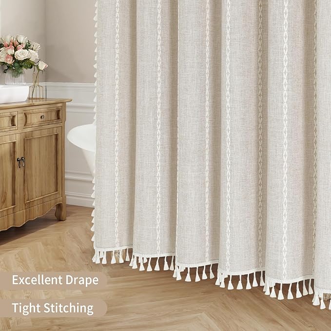MitoVilla Boho Extra Long Shower Curtain 72 x 96, Cream Modern Farmhouse 96 inch XL Polyester Linen Texture Tassel Fabric Shower Curtain Set with Hooks for Cottagecore Country Bathroom Decor,Cream
