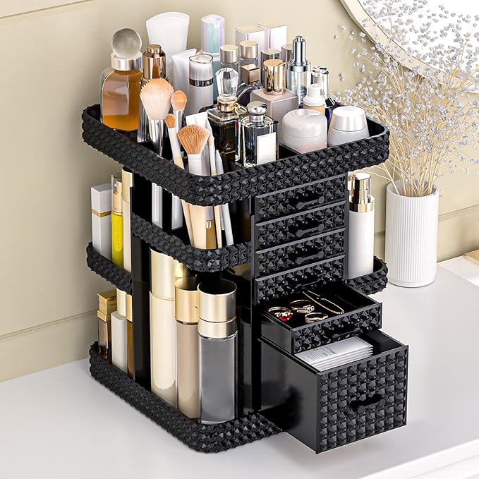 360 Rotating Makeup Organizer for Vanity, Large Skin Care Organizer with 6 Drawers Clear Acrylic Cosmetic Organizer Adjustable Spinning Makeup Storage Perfume Organizer for Dresser (Black)