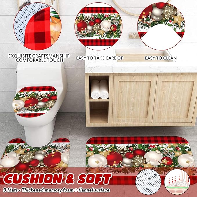 Drydiet 4 Pcs Christmas Bathroom Sets Christmas Ball Shower Curtain Set with Non Slip Rug Toilet Lid Cover Bath Mat with 12 Hooks Red Black Buffalo Check Plaid Xmas Bathroom Shower Decor 71 x 71 Inch