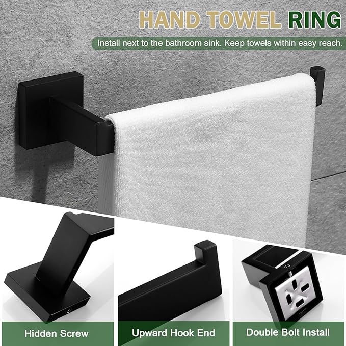 VELIMAX Premium Stainless Steel 6 Pieces Bathroom Hardware Set Wall Mounted Bathroom Accessories Kit Modern Towel Bar Set - 20 Inches and 23.6 Inches, Matte Black