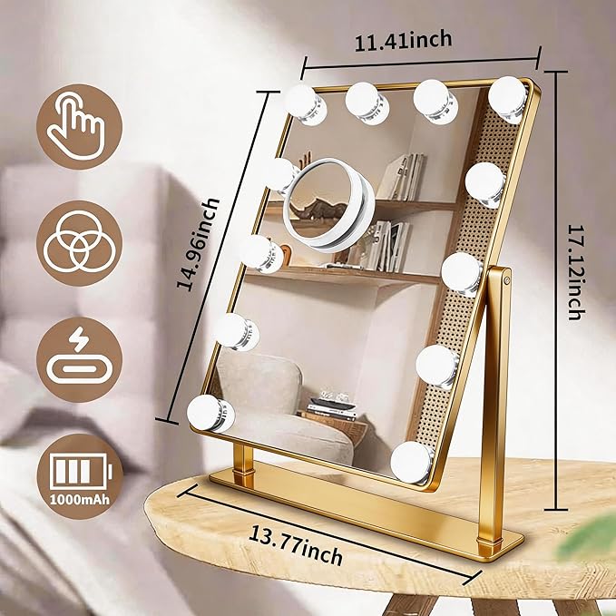 Makeup Vanity Mirror with Lights LED Makeup Mirror Detachable 10X Magnification, Hollywood Make Up Mirror with Lighting, Smart Touch, Rechargeable,360° Rotation, Gold 17.12"x13.77"