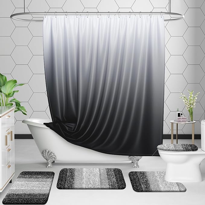 OLANLY Bathroom Rugs Sets 3 Piece, Soft Absorbent Microfiber Bath Mats and U-Shaped Contour Toilet Rug, Plush Shaggy Bath Mat Set for Bathroom (47"x20"+24"x16"+24"x20", Black)