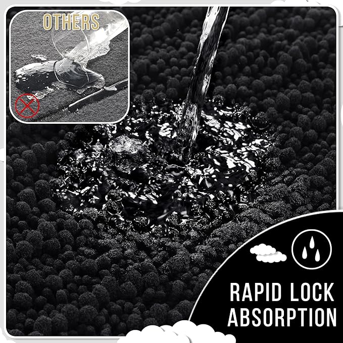 Yimobra Bathroom Rugs Non Slip Washable 32x20 Inch - Ultra Soft Absorbent Chenille Bath Mat, Quick Dry Shaggy Floor Carpet for Tub Shower, Black Home Decor Accessories