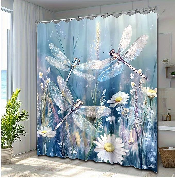 Dreamrflove Dragonfly Shower Curtain, 1-Pack Dragonfly Bathroom Shower Curtain, Blue Vintage Plant Flowers Fabric Bathroom Decoration, 72x72 Inch Waterproof Polyester Insulation Home Accessories
