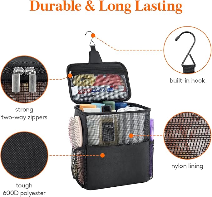Lifewit Shower Bag Mesh Shower Caddy Portable College Dorm Room Essentials Tote Bag for Bathroom, Gym, Travel, Camping Quick Dry Hanging Shower Organizer Basket Toiletry Bag, Large, Black