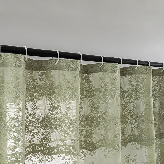 YJ YANJUN Sage Green Shower Curtain for Bathroom, Rustic Floral Lace Sheer Shower Curtain with Attached Valance, Scalloped Edge Elegant Sage Bath Curtain, 72 x 72 Inch, Sage Green