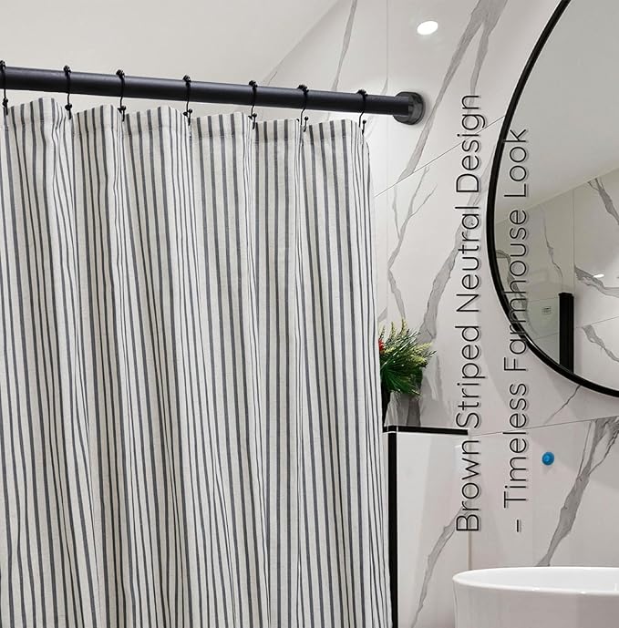 Farmhouse Striped Shower Curtain - 72x84 Inches, Linen Blend Fabric, Breathable & Machine Washable, Rustic Black for Bathroom Decor (Hooks/Liner Not Included)