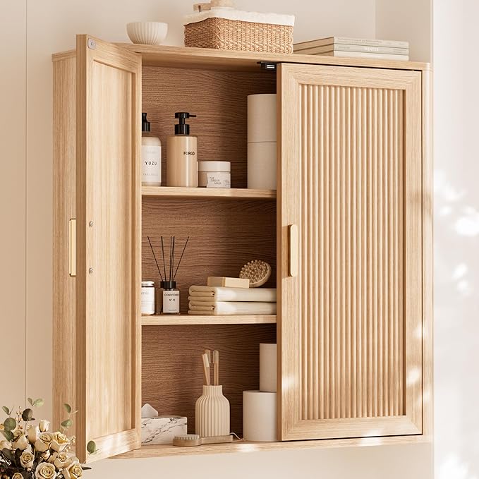 INNOD Bathroom Storage Cabinet, Over The Toilet Storage Cabinet, Medicine Cabinet with Adjustable Wood Shelf & Doors for Laundry Room & Kitchen & Living Room (Natural Oak)