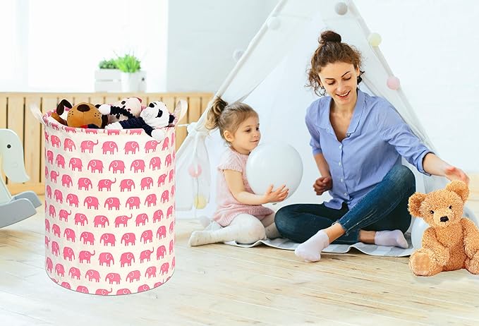 KUNRO Round Laundry Gift Basket Storage Hamper, Clothes Storage Organizer Bins, Shelf Basket with Handles for Room Decor (Pink Elephant)