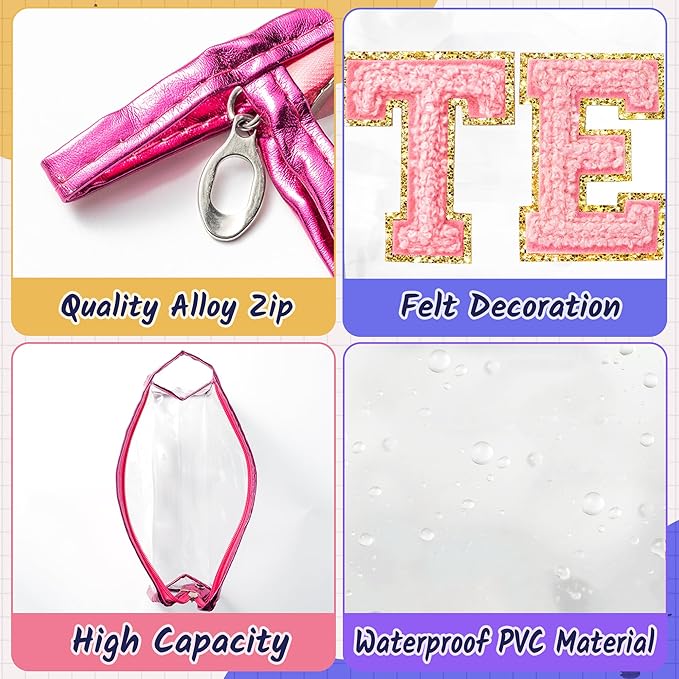 CY2SIDE TEACH Clear Makeup Bag - Pink TEACH Letter Patch Cosmetic Bag with Handle for Travel PVC Zipper Clear Toiletries Waterproof Portable Travel Organizer Teacher Appreciation Gifts, Rose