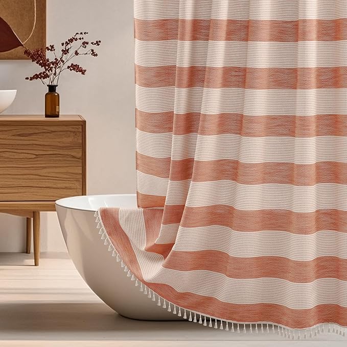 Boho Farmhouse Thick Shower Curtain with Tassels, Rustic Rusty Red Cotton Linen Soft Fabric Shower Curtain Water Repellent, Shabby Chic Heavyweight Striped Shower Curtains for Bathroom