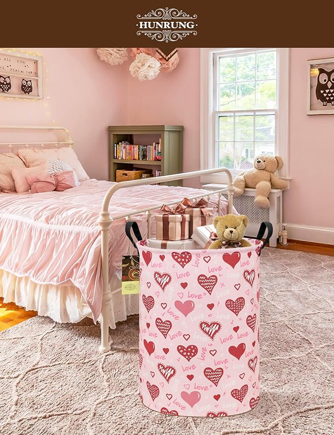 HUNRUNG Laundry Hamper,Large Canvas Fabric Lightweight Storage Basket Toy Organizer Dirty Clothes Collapsible Waterproof for College Dorms???Round-Pink Love Heart???