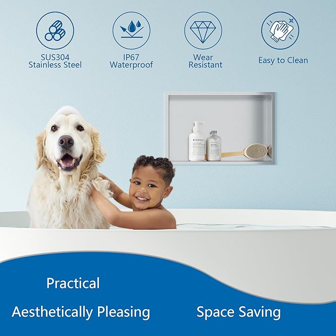 Neodrain Shower Niche, Insert Bathroom Storage Shower Shelf, Stainless Steel Recessed Wall Niche No Tiled Recessed Cabinet Waterproof for Shower Storage(Brushed,18"x12")