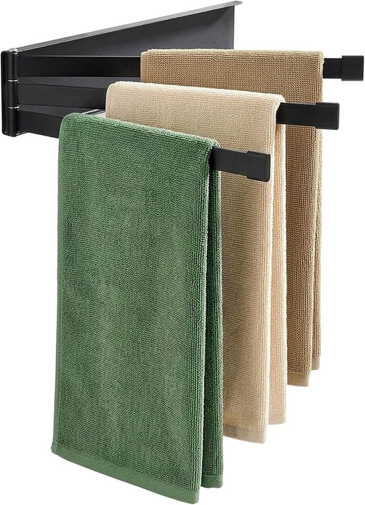 Swing Towel Holder Rack Matte Black, Wall Mounted Towel Bar Swivel with 3-Arm for Bathroom Kitchen Storage