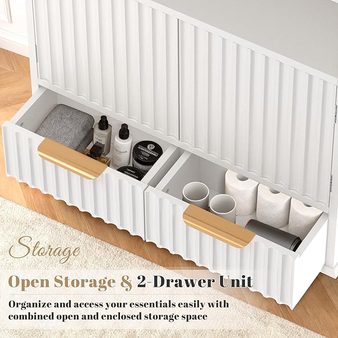 Fluted Bathroom Wall Cabinet with Drawers, Wooden Medicine Cabinet Organizer Over The Toilet, Wall Mounted Storage Cabinet with Open Shelf for Bathroom, Kitchen, and Laundry Room (White)