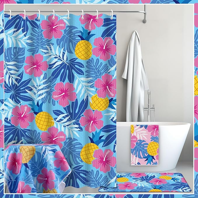 Nuanchu 6 Pcs Hawaiian Shower Curtain Set with Rug Blue Pink Flower Hibiscus Bathroom Sets with Shower Curtain Bath Mat U Shaped Mat Toilet Lid Cover 2 Bath Towels and 12 Hooks Hawaiian Bathroom Decor